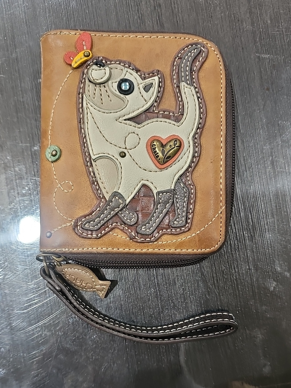 Chala Brown Tan Cat Appliqué Zip Wallet